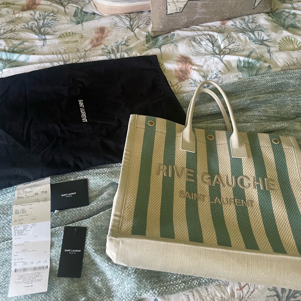 Saint Laurent Green and Cream Striped Tote